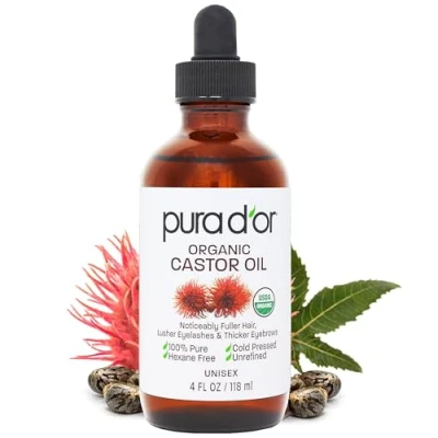Abbildung von PURA D&#039;OR Rizinusöl (118 ml) 100% reines natürliches Öl für Haarwachstum, Augenbrauen, Wimpern, kaltgepresstes Hexanöl zur Feuchtigkeitspflege und Heilung trockener Haut inkl. Bonus Bürsten Set