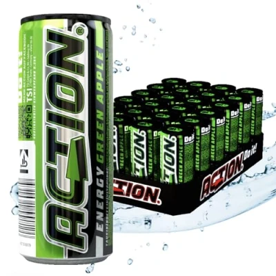 Abbildung von ACTION Energy Drink Green Apple (48 x 250ml) inkl. Pfand Erfrischungsgetränk mit Grüner Apfel Geschmack Energiekick erhöhtem Koffeingehalt 31,5mg/100ml Koffein verbesserter Fokus