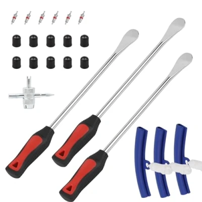 Abbildung von EXLECO 3er Reifenheber Reifen Hebel Reifenwechsel Montiereisen Tire Spoons Lever Stahl Reifenmontierhebel Montierhebel Werkzeug mit 3 Felgenschutz für Motorrad Wagen E Scooter Fahrrad
