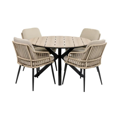 Abbildung von 5 teiliges Gartenset rund ø 120 cm, Rope, Sandfarben &amp; Polywood, Holzoptik Isabel / Limasol 4 Jahreszeiten Gartenmöbel