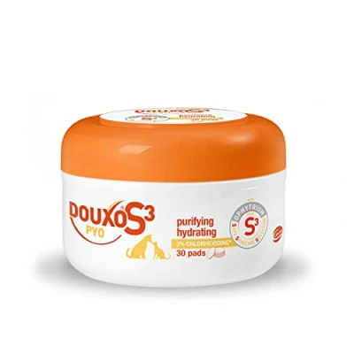 Abbildung von Douxo S3 PYO Pads 30 Baumwoll Pflege gegen Bakterien und Hefepilze für Hunde Katzen geeignet Feuchtigkeitsspendende Reinigungspads Hypoallergener Duft