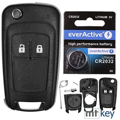 Abbildung von mt key Klapp Schlüssel Reparatur Gehäuse 2 Tasten + Rohling 1x CR2032 Knopfzelle, (3 V), für OPEL Astra J Corsa E Mokka Zafira C Funk Fernbedienung