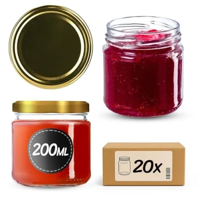 Abbildung von KADAX Kleine Einmachgläser 200 ml, Marmeladengläser, fi66 mm, Minigläser für Honig und Gewürze, Luftdichte Gläschen, Einweckglas, Gläser, Einweckgläser, Rundgläser (20 Stück, Gold)