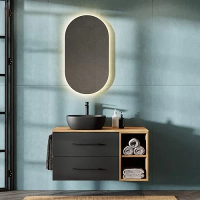 Abbildung von Planetmöbel LUX Badmöbel Set Waschbecken mit Unterschrank 100 cm, Aufsatz 42 cm schwarz, Spiegel 50 (ohne LED), Waschbeckenunterschrank Gold Eiche/Anthrazit