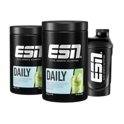 Abbildung von ESN Daily, Green Apple, 2 x 480 g + Gratis Shaker, mit Glutamin, Creatin, Collagen &amp; L Leucin für deine Bänder, Gelenke, Sehnen und Knorpel made in Germany