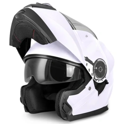 Abbildung von VINZ Santos Klapphelm mit Sonnenblende ECE 22.06 &amp; PINLOCK vorbereitet Motorrad Helm Integralhelm Motorradhelm Klappbar In Gr. XS XXL Erhältlich Weiß