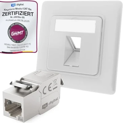 Abbildung von hb digital CAT 6a Netzwerkdose unterputz 1 Port RAL9003 signalweiß + 1x Keystone RJ45 Modul LAN Ethernet Dose Buchse Einbaubuchse für 5e 6 500MHz 10 Gbit/s STP