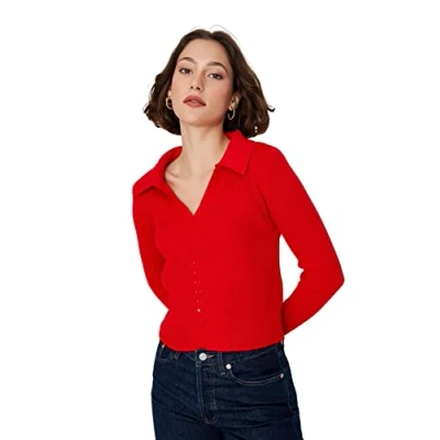 Abbildung von Trendyol Damen Hemdkragen, einfarbig, Regular Sweater Sweatshirt, Red, S