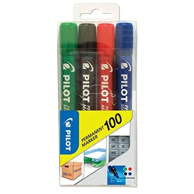 Abbildung von PILOT Permanent Marker 100 mit Rundspitze, 4er Set (Blau, Schwarz, Rot, Grün)