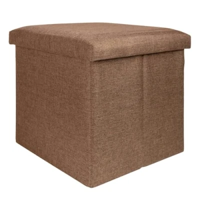 Abbildung von INTIRILIFE Faltbarer Sitzhocker 38x38x38 cm in Bernstein BRAUN Sitzwürfel mit Stauraum und Deckel aus Stoff Leinen Optik Sitzcube Fußablage Aufbewahrungsbox Truhe Sitzbank