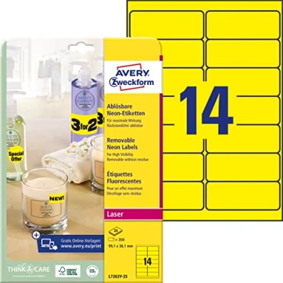 Abbildung von AVERY Zweckform L7263Y 25 leuchtend neongelbe Etiketten (350 Aufkleber, 99,1 x38,1mm auf A4, selbstklebend, bedruckbar, wiederablösbar, farbige Klebeetiketten zum auffälligen Kennzeichnen) Blatt