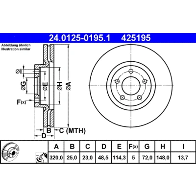 Abbildung von ATE 24.0125 0195.1 Bremsscheibe 320,0 25,0 5 114,3 Belüftet beschichtet hochgekohlt MAZDA: 3 Hatchback