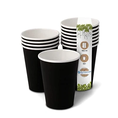 Abbildung von GREENBOX Bio Pappbecher I Einweggeschirr Trinkbecher Papierbecher kompostierbare und biologisch abbaubare Becher schwarze, unbedruckte, umweltfreundliche Kaffeebecher 50 Stk 300ml 12oz