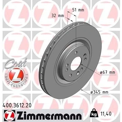 Abbildung von ZIMMERMANN COAT Z 400.3612.20 Bremsscheibe 345 32 8/5 5 112 innenbelüftet beschichtet hochgekohlt MERCEDES BENZ: ML Klasse