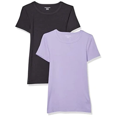 Abbildung von Amazon Essentials Damen Kurzärmeliges T Shirt mit Rundhalsausschnitt, Schmale Passform, 2er Pack, Schwarz/Lavendel, XXL