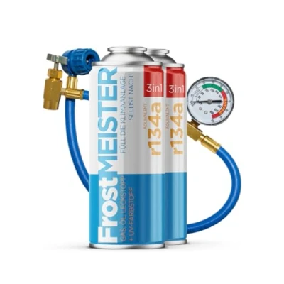 Abbildung von FrostMEISTER 3in1 Auto Klimaanlage Nachfüllset für R134a (19952016) 2X 400 ml Dose &amp; Schlauch mit Manometer Ersatz das Kältemittel, Öl Dichtmittel Schnelle einfache Anwendung