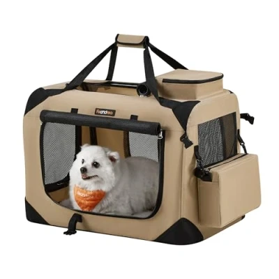 Abbildung von Feandrea Hundebox faltbar, Transportbox Hund, M, Hundetasche, Oxford Gewebe, Netzstoff, atmungsaktiv tragbar transportabel, Metallrahmen, mit Griffen, Taschen, 60 x 42 cm, Kamelbraun PDC060K01