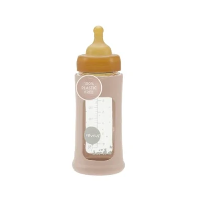 Abbildung von HEVEA Plastic Free Wide Neck Glass Baby Bottle with Sleeve Medium Flow Anti Colic Bottles 3 24 months Eco friendly, BPA free, Single pack (250 ML)