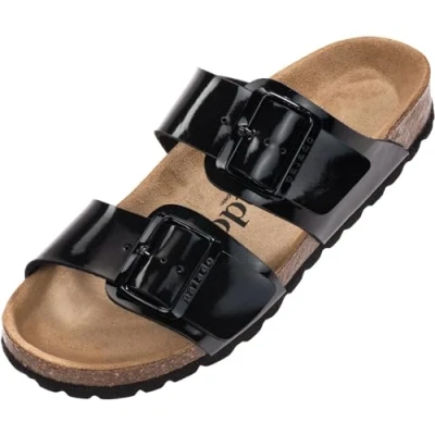 Abbildung von Palado Pantoletten Damen Samos GS bequeme Sandalen Made in Spain Hausschuhe mit dämpfendem Kork Fußbett modische Sommerschuhe Lack Schwarz UK7 EU40