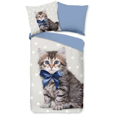 Abbildung von good morning Kinderbettwäsche &quot;Mae&quot;, 100% Baumwolle, 135x200, Reißverschluss, Wende, Kind, Katze, Blau Grau