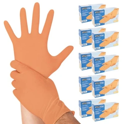 Abbildung von 1000x Hygostar Einweghandschuhe Safe Light, Einmalhandschuhe Größe L, reißfeste Nitrilhandschuhe, puderfrei, latexfreie Gummihandschuhe, Handschuhe Einweg, Orange in XS, S, M, XL &amp; XXL