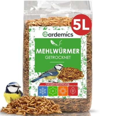 Abbildung von Gardemics Mehlwürmer getrocknet 5 Liter 800g Premium Insektenfutter für Vögel, Fische, Schildkröten, Nager, Igel, Reptilien, Vogelfutter