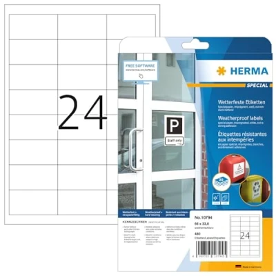 Abbildung von HERMA 10794 Wetterfeste Etiketten imprägniert, 20 Blatt, 66 x 33,8 mm, 24 pro A4 Bogen, 480 Stück, selbstklebend, bedruckbar, matt, blanko Outdoor Klebeetiketten aus Spezialpapier, weiß
