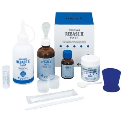 Abbildung von Rebase II Fast Kit 80 g Pulver, 50 ml Flüssigkeit, 15 Adhäsiv, 48 Härter, Zubehör