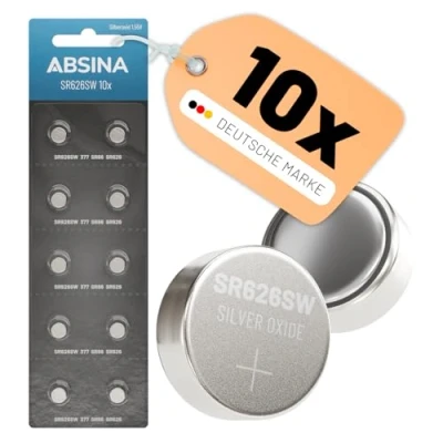 Abbildung von ABSINA SR626SW Uhrenbatterie 1,55V Silberoxid 10er Pack Knopfzellen AG4 Knopfzelle, (1 St)
