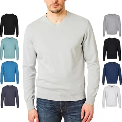 Abbildung von Castle Point Herren Strickpullover CSPKNT004 100% Baumwolle, weich, V Ausschnitt, Hellgrau meliert, Größe S