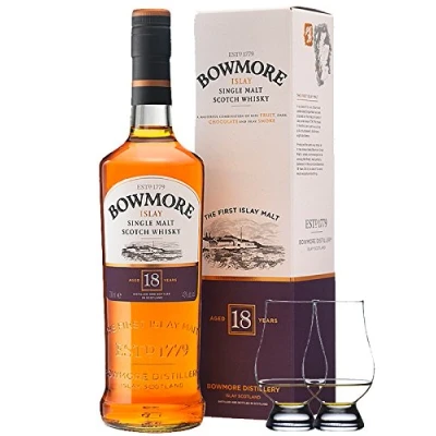 Abbildung von Bowmore 18 Jahre Islay Single Malt Whisky 0,7 Liter + 2 Glencairn Gläser