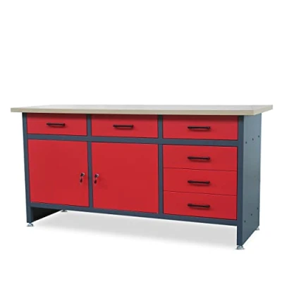 Abbildung von Jan Nowak Werkbank mit Arbeitsplatte Werktisch 6 Schubladen 2 Schließfächer Verstellbare Füße MDF Belastbar bis 500 kg Metall 170 cm x 60 85 Anthrazit Rot