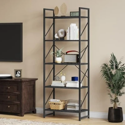 Abbildung von YITAHOME Bücherregal mit 5 Ebenen Standregal Lagerregal Büroregal CD Regal/Stabiler Stahlrahmen, Holzplatte/Modern Retro Industriestil für Wohnzimmer, Schlafzimmer, Büro Schwarz