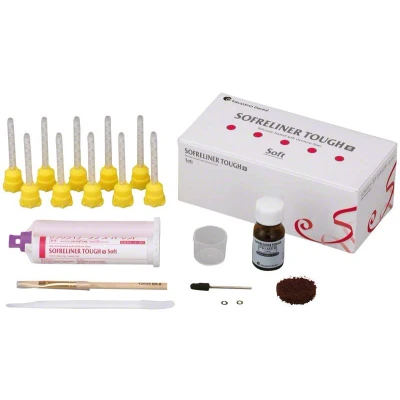 Abbildung von Sofreliner Tough S Komplett Kit 2 x 26 g Paste, 10 ml Primer, Mixing Tips XS, Poliersystem