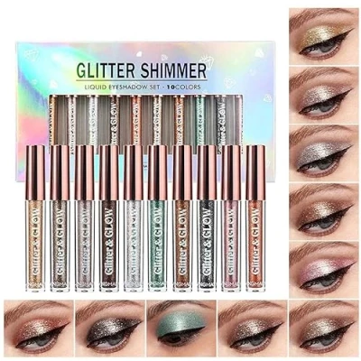 Abbildung von 10 farbiger metallischer Glitter flüssiger Lidschatten Set, wasserdichter rauchiger langlebige schnell trocknende Augen Make up Kits (A)