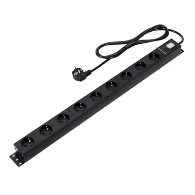 Abbildung von Amazon Basics Steckdosenleiste, robustes Metall, Überspannungsschutz, 9 Steckdosen (EU Stecker), 600 Joule, 1,8 m langes Kabel, Schwarz