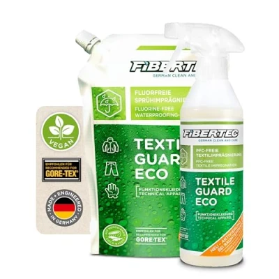 Abbildung von FIBERTEC Textile Guard Eco RT 100% PFAS freie Imprägnierung 500ml &amp; Nachfüllbeutel Imprägnierspray für Jacken und weitere Outdoorbekleidung, Biologisch abbaubarer Wetterschutz Made in Germany