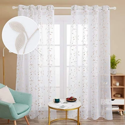 Abbildung von Deconovo Voile Vorhang Leinenoptik Ösenvorhang Transparent Dekoschal mit Stickerei Blatt, 180x140 cm(HöhexBreite), Leinen, 2er Set