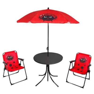 Abbildung von Spetebo Kindersitzgruppe Camping Sitzgruppe Marienkäfer mit Tisch und Schirm 4 teilig, (Anzahl, 1 tlg., Stück), Stühle Sicherheitsverschluss