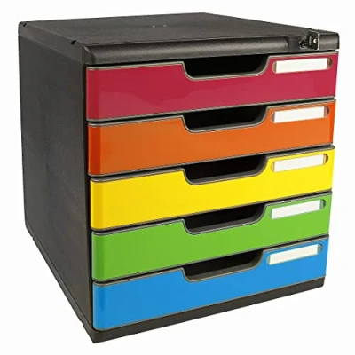 Abbildung von Exacompta 331798D Ablagebox Modulo mit 5 abschließbare Schubladen für DIN A4+ Dokumente. Belastbare Schubladenbox hoher Kapazität mehr Platz auf dem Schreibtisch Blauer Engel schwarz/bunt