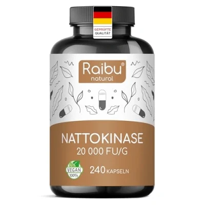 Abbildung von Nattokinase Kapseln hochdosiert 240 je 100 mg (20.000 FU/g) 8 Monatsvorrat, Laborgeprüft, Vegan Ohne unerwünschte Zusätze Raibu