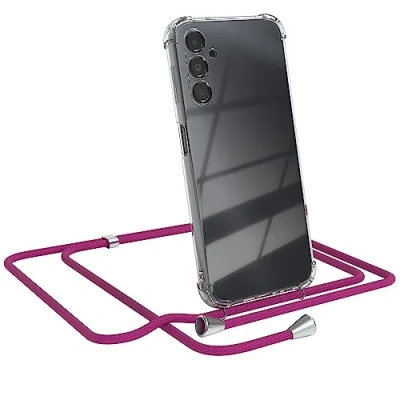 Abbildung von EAZY CASE Handykette kompatibel mit Samsung Galaxy A14 5G, Schulterriemen, Handykordel klarer Hülle, Handyhülle zum Umhängeband Kordel Kettenkombination in Pink Clips Silber