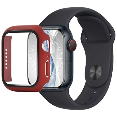 Abbildung von mtb more energy Hülle kompatibel mit Apple Watch 9, 8, 7 (45mm) weinrot integrierter Displayschutz aus gehärtetem Glas Rundum Schutz Bumper Gehäuse Schutzhülle Tempered Glass