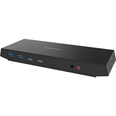 Abbildung von SABRENT USB C Dockingstation mit netzteil, 2 HDMI + DP, 5K / 4K@60Hz, PD 60W, RJ45 Ethernet, Ports Typ A C, 3,5 mm Jack Mikrofon