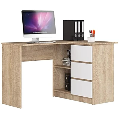 Abbildung von AKORD Eckschreibtisch mit Regal und 3 Schubladen Schreibtisch ecktisch Eck für Home Office Einfache Montage Sonoma Eiche &amp; Weiß Front