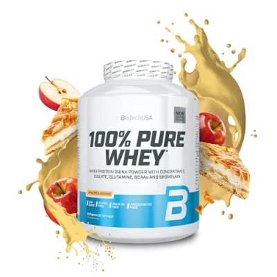 Abbildung von BioTechUSA 100% Pure Whey Proteinpulver mit BCAA und Glutamin Glutenfrei, Palmölfrei 21g Protein pro Portion, 2.27 kg, Apfelkuchen