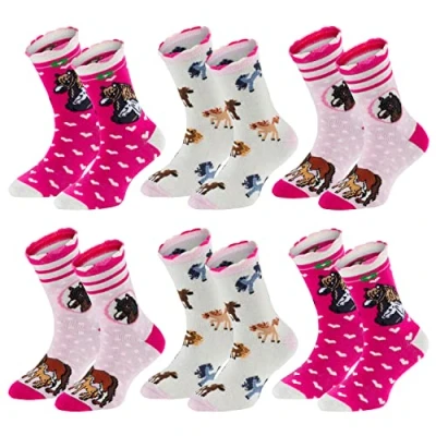 Abbildung von TippTexx 24 Ökotex Kinder Socken, handgekettelt, 6 Paar für Mädchen/Jungen, weiche Baumwolle, viele Muster (Romantik Pferd, 9 10 Jahre)