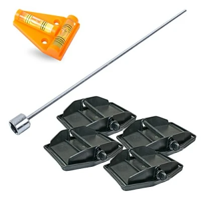 Abbildung von Hypercamp Maxi Foot Stützplatten Set 4 Stück zur Sicherung der Kurbelstütze inkl Akkuschrauberaufsatz und Kreuz Wasserwaage für Wohnmobil oder Wohnwagen
