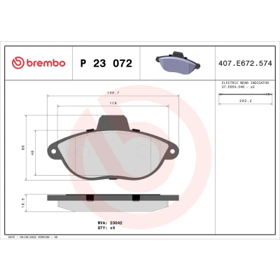 Abbildung von BREMBO P 23 072 Bremsbelagsatz inkl. Verschleißwarnkontakt ohne Zubehör CITROËN: Jumpy I MPV, Evasion, Kastenwagen
