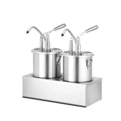 Abbildung von HENDI Soßenspender, Saucenspender, Pumpspender, Dosierspender, für kalte, dicke Saucen, auch zur Honigdosierung, Abnehmbar: Deckel, Spenderpumpe, 2x4,5L, 404x300x(H)430mm, Edelstahl, PP